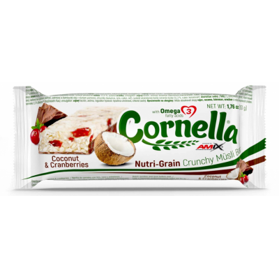 Батончик Cornella Crunchy Muesli Bar, 50 г - шоколад и кокос с клюквой