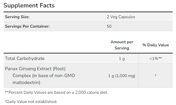 Panax Ginseng Extract 500 мг - 100 веган капс